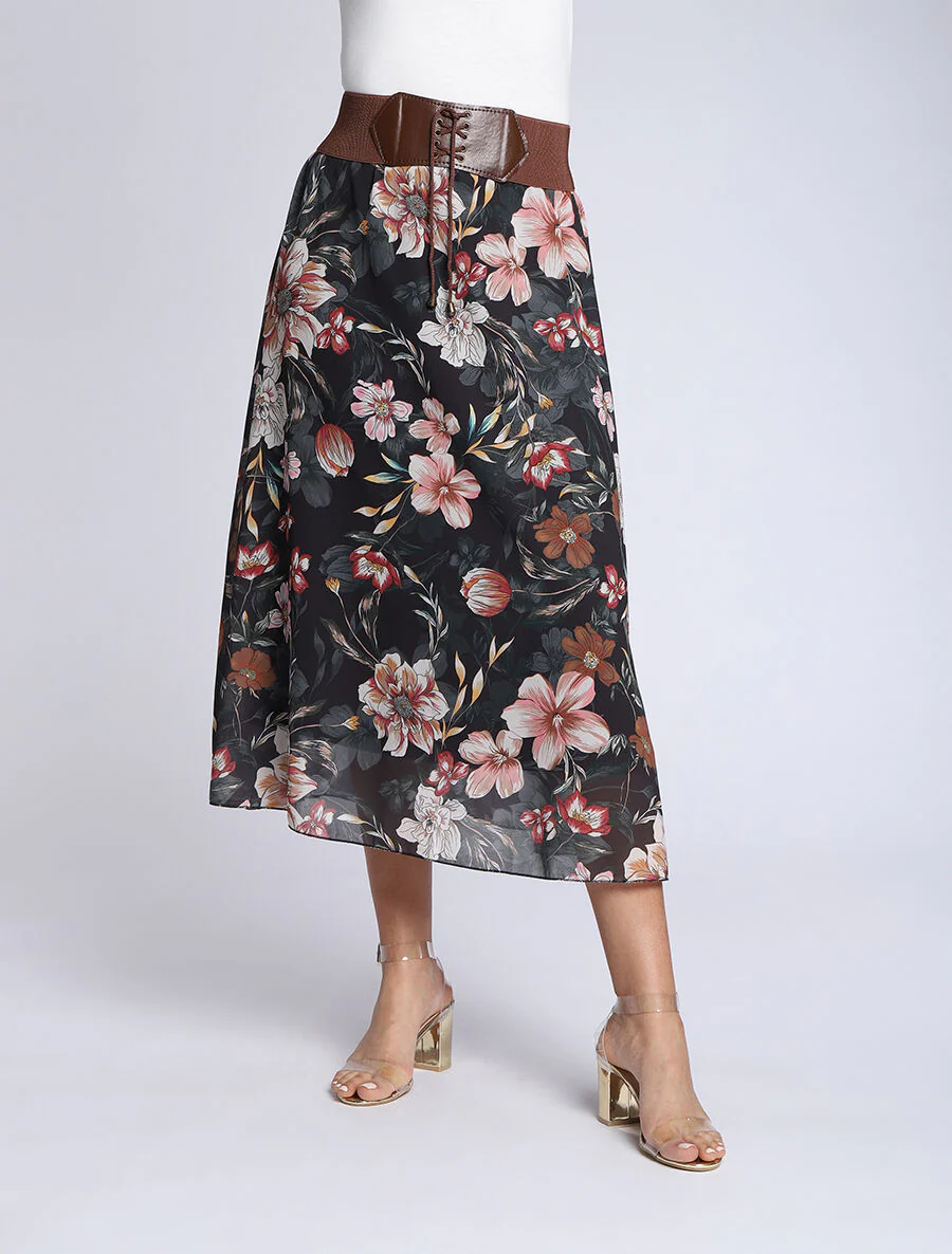 Vloeiende midi rok met orchidee print - Zwart - Image 4