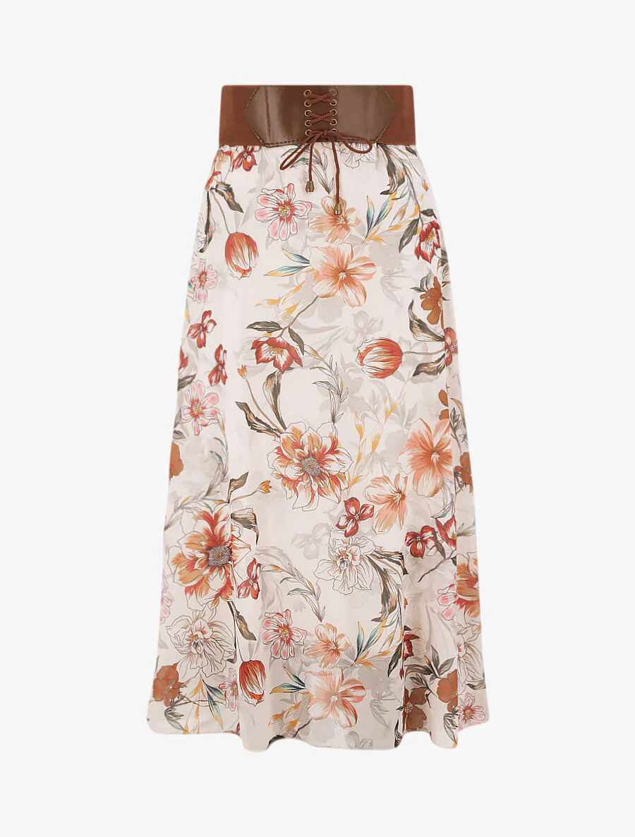 Vloeiende midi rok met orchidee print - Beige
