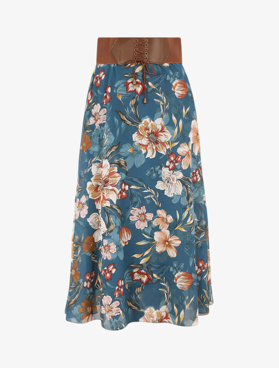 Vloeiende midi rok met orchidee print - Blauwgroen