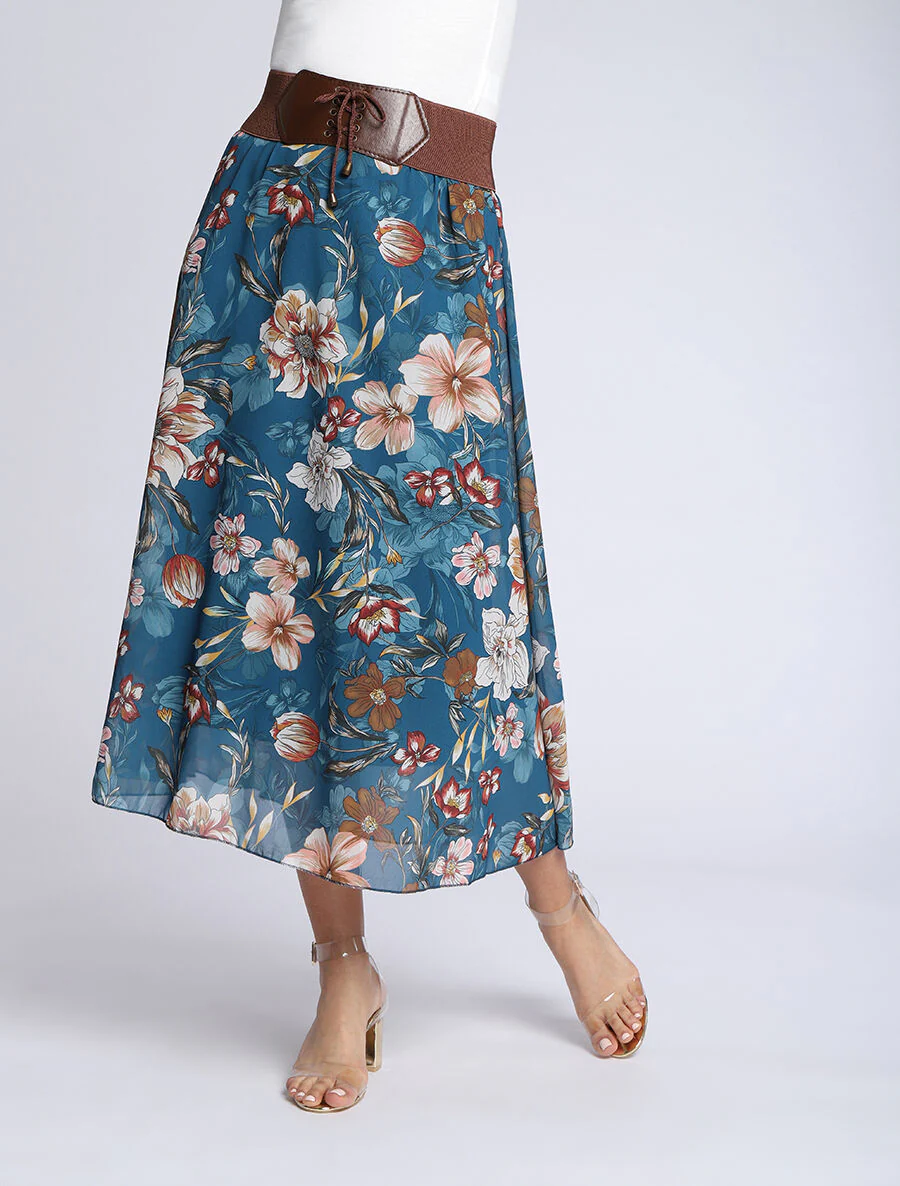 Vloeiende midi rok met orchidee print - Blauwgroen - Image 4