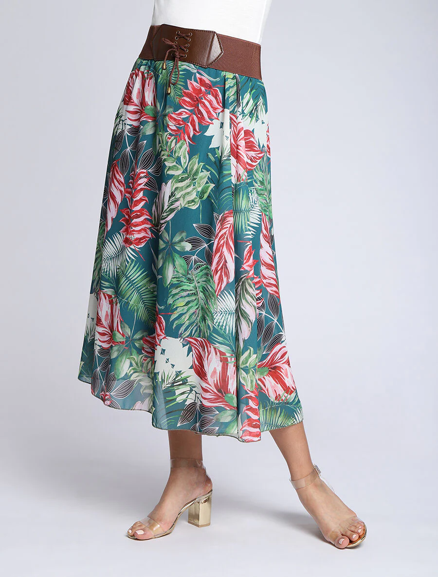 Vloeiende midi-rok met tropisch patroon - Blauwgroen - Image 4