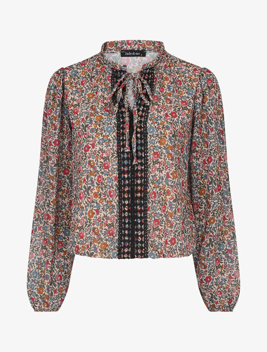 Vloeiende top met bloemenprint en bandjes - beige