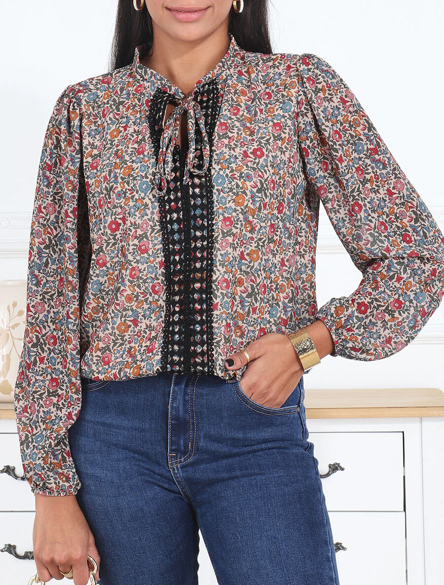 Vloeiende top met bloemenprint en bandjes - beige - Image 4