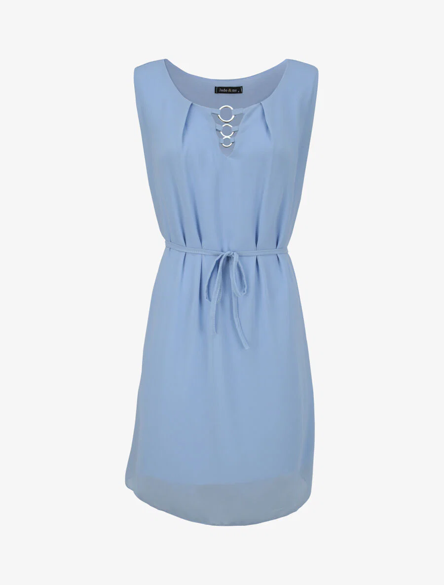 Voile jurk met ronde hals en ringdetail - hemelsblauw