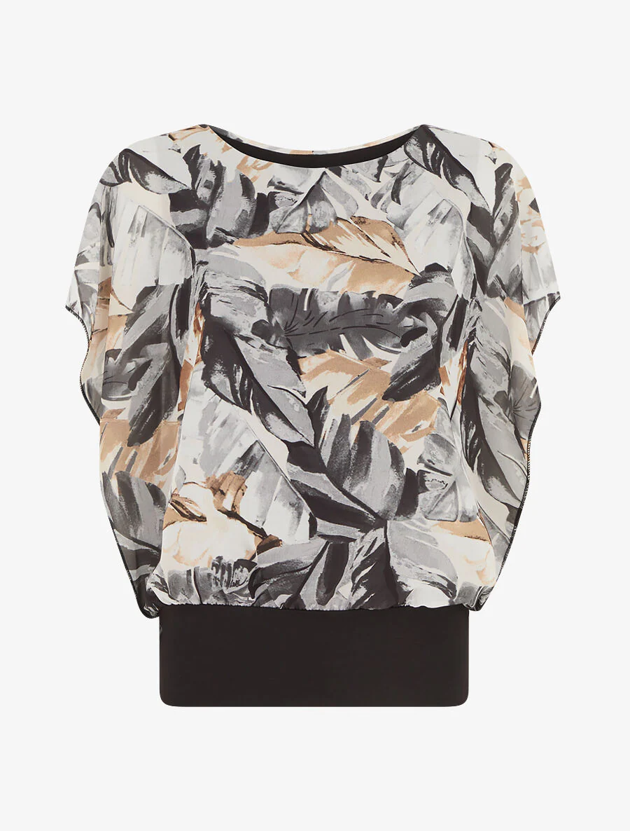 Voile top met bloemenprint en ruches aan de mouwen - Zwart