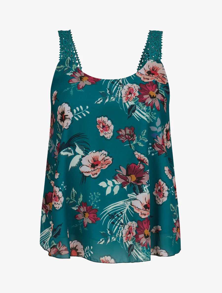 Top in bloemenprint zomervoile - Blauwgroen