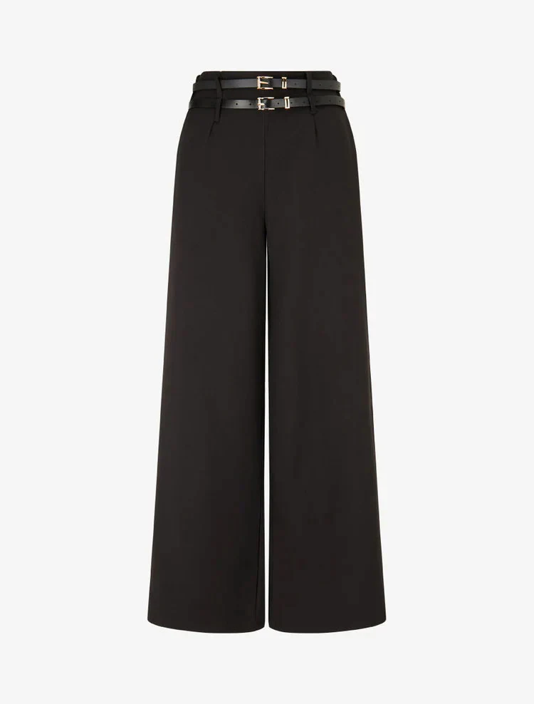 Wide leg broek met dubbele riemen - Zwart