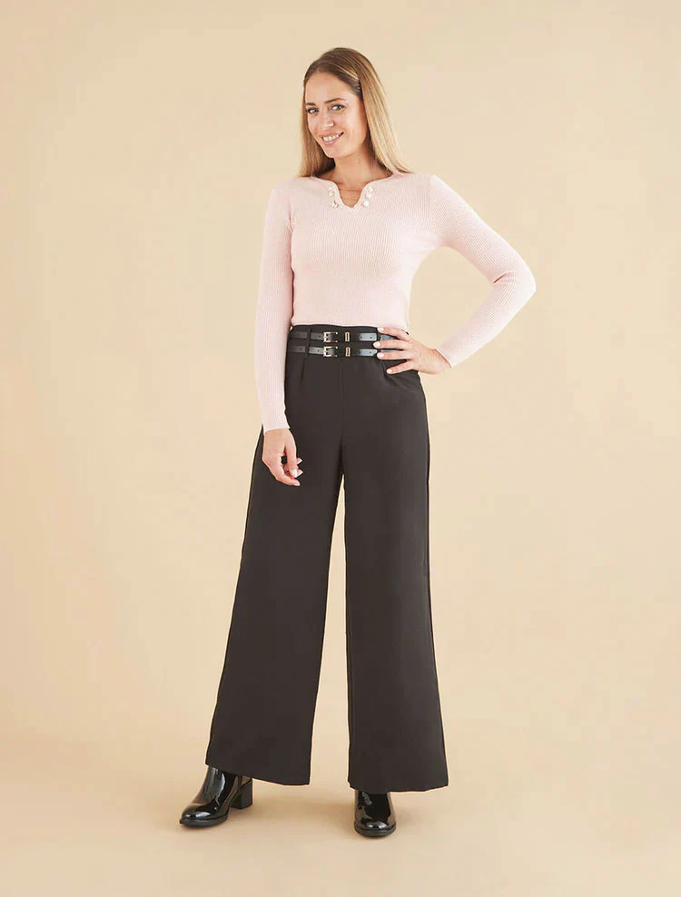 Wide leg broek met dubbele riemen - Zwart - Image 4