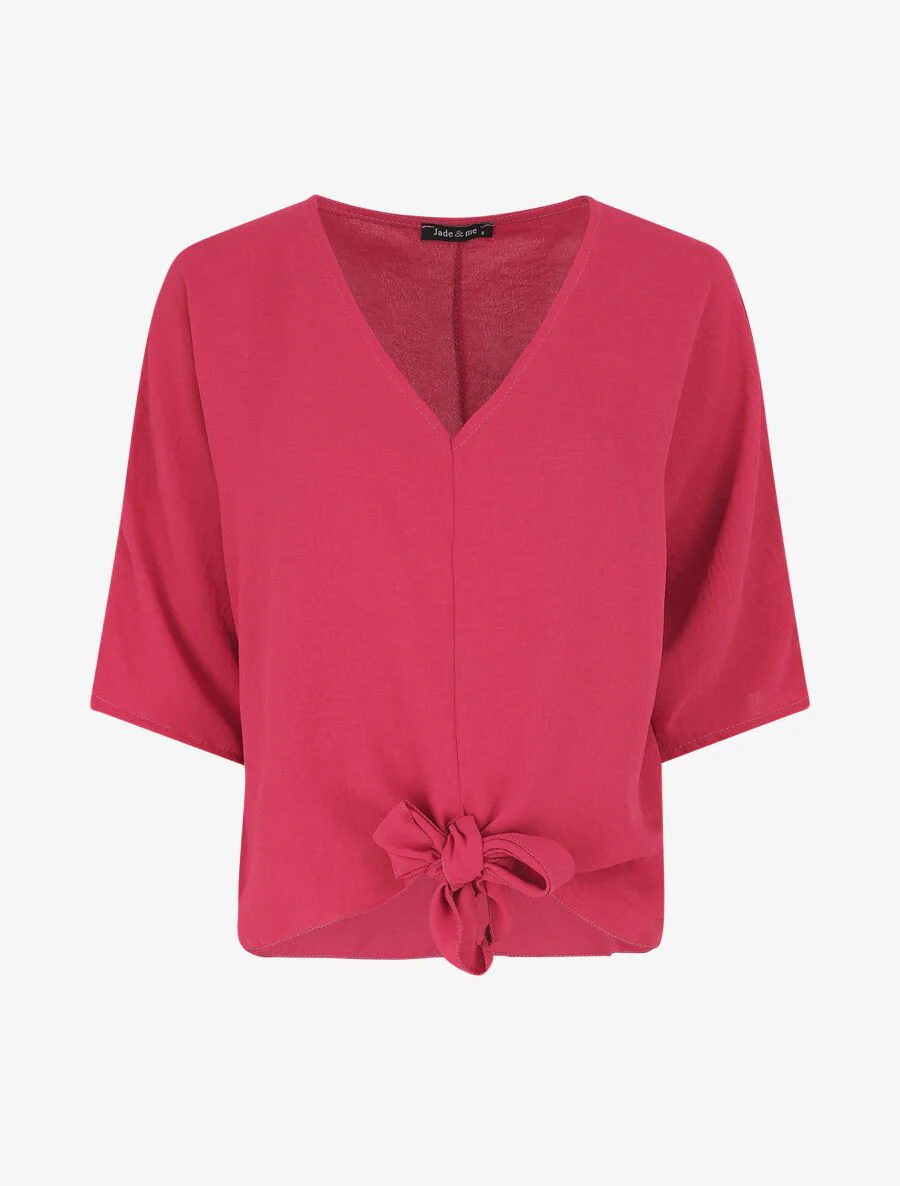 Wijd effen bloes met knoopbanden - Fuchsia