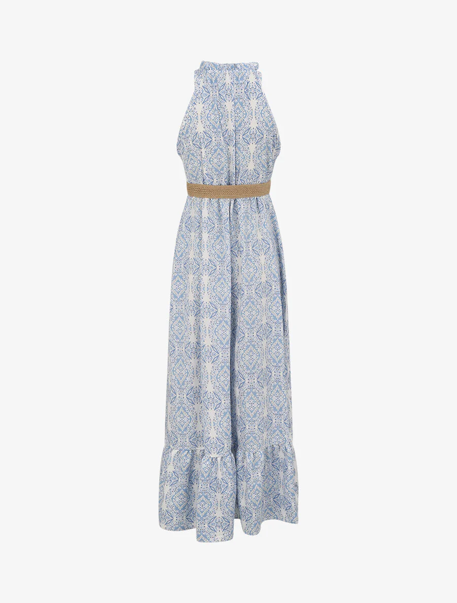 Wijd uitlopende lange jurk met bloemendessin - Blauw - Image 2