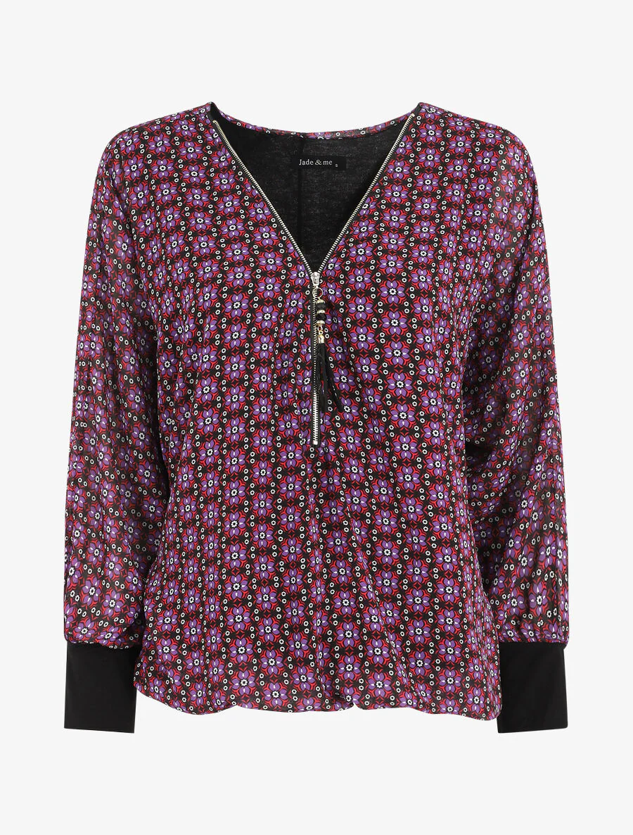Wijde blouse met fleurige mozaïekprint en ritskraag - Paars