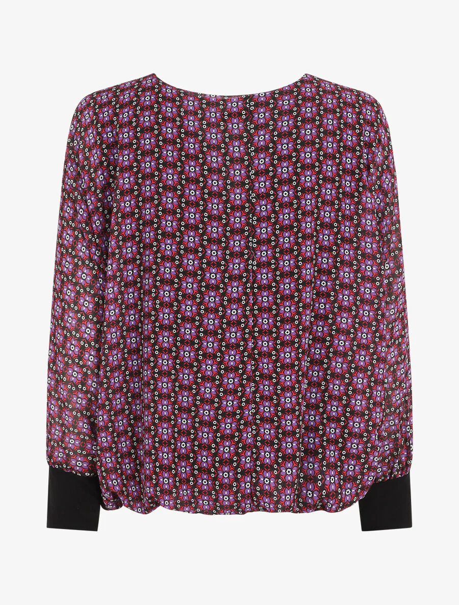 Wijde blouse met fleurige mozaïekprint en ritskraag - Paars - Image 2