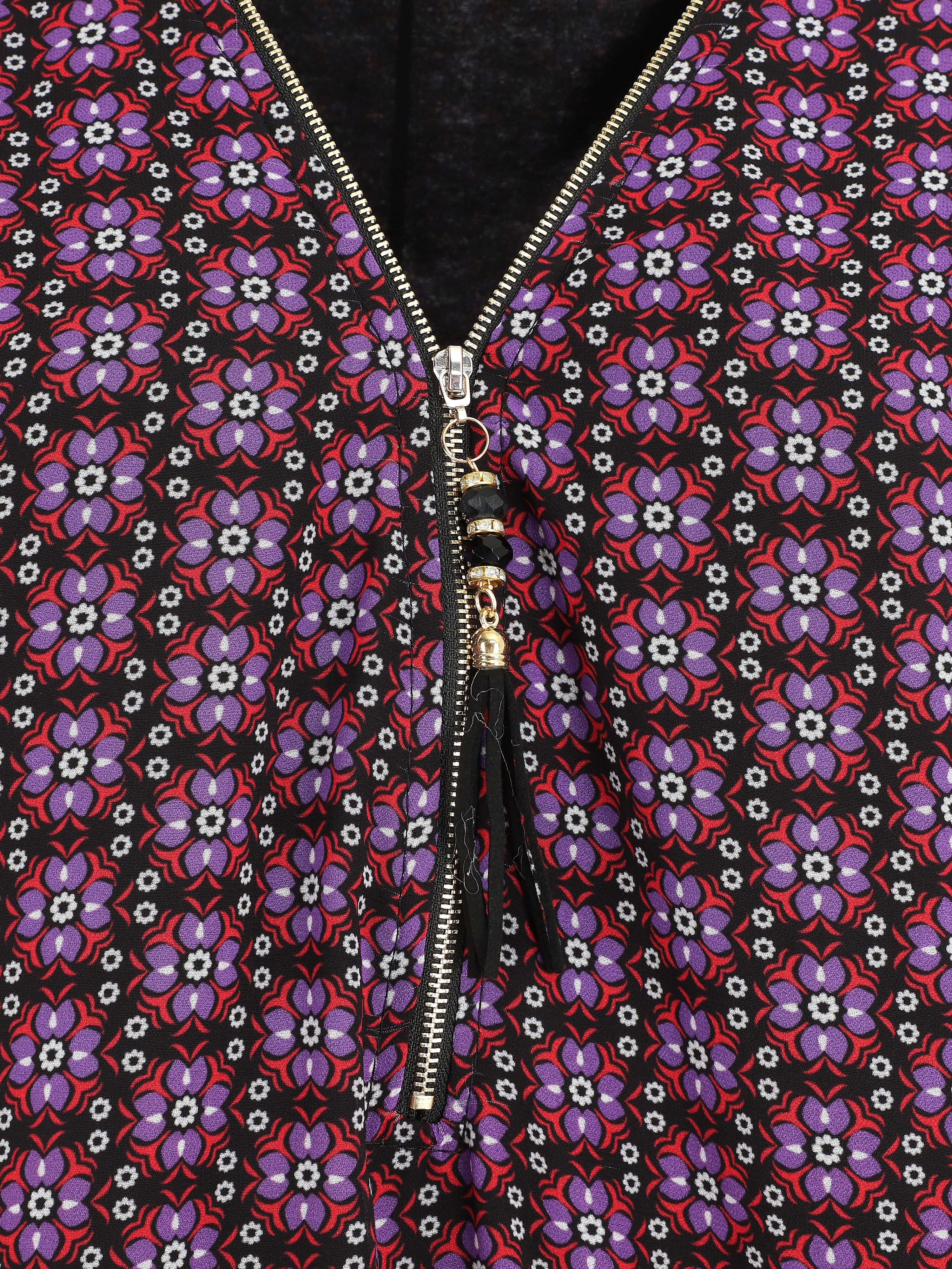 Wijde blouse met fleurige mozaïekprint en ritskraag - Paars - Image 3