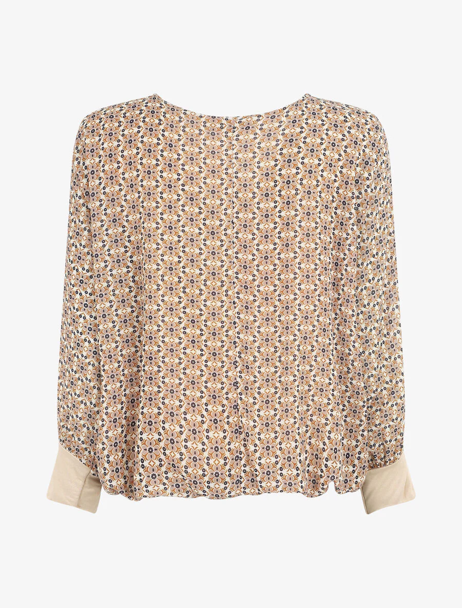 Wijde blouse met fleurige mozaïekprint en ritskraag - beige - Image 2