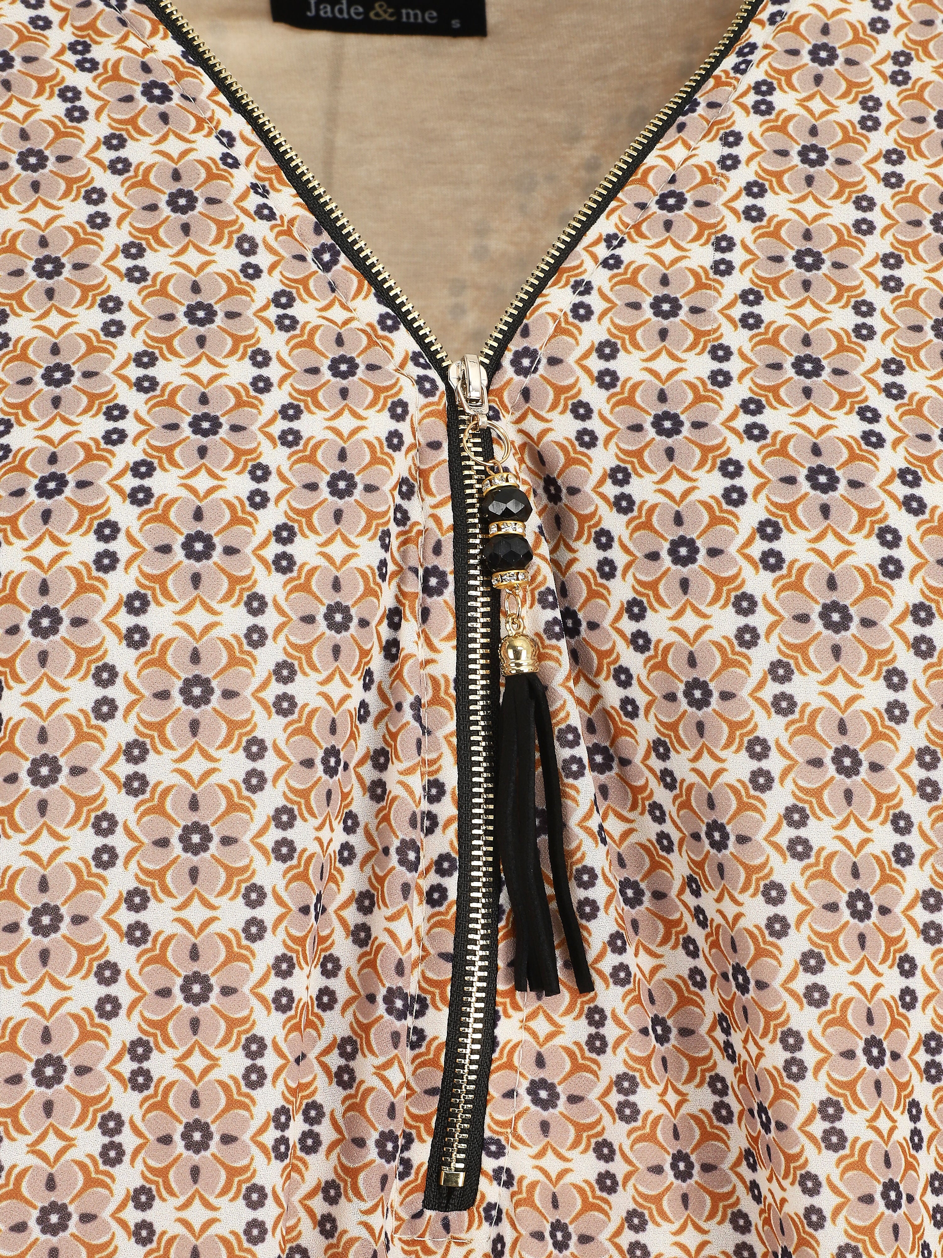 Wijde blouse met fleurige mozaïekprint en ritskraag - beige - Image 3