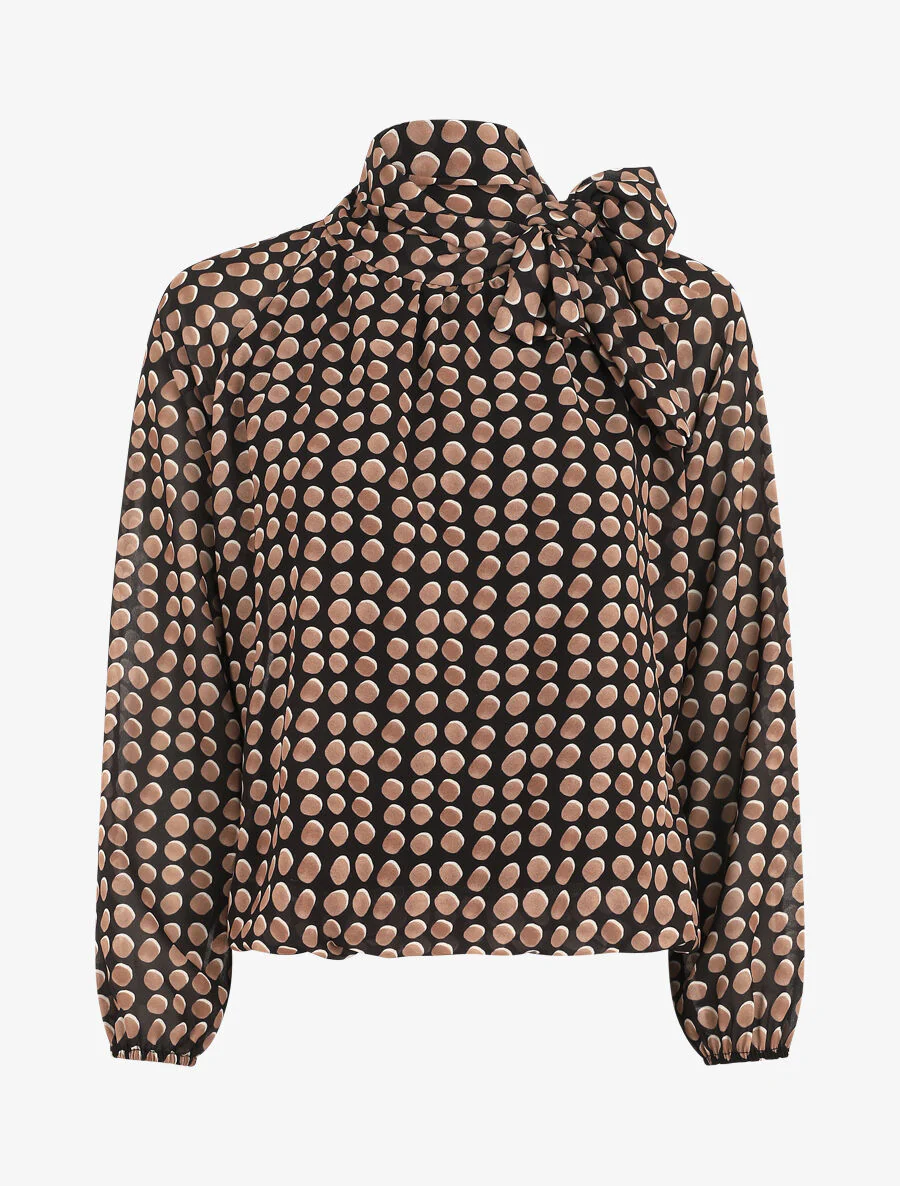 Wijde blouse met stippen en strikkraag - Zwart