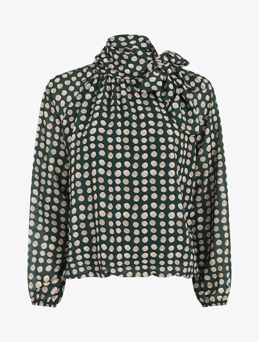 Wijde blouse met stippen en strikkraag - Dennengroen