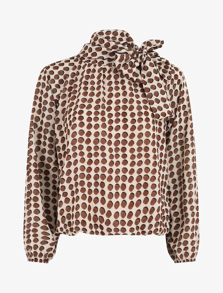Wijde blouse met stippen en strikkraag - Beige