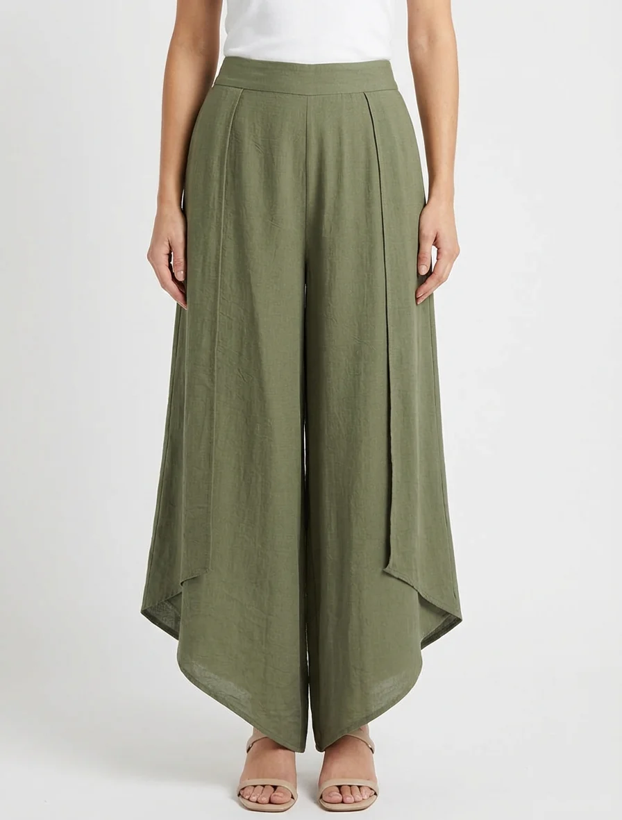 Wijde broek met asymmetrische randen - Kaki - Image 4