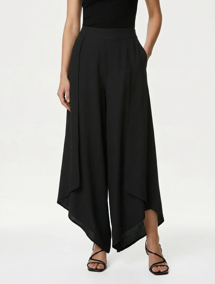Wijde broek met asymmetrische randen - Zwart - Image 4
