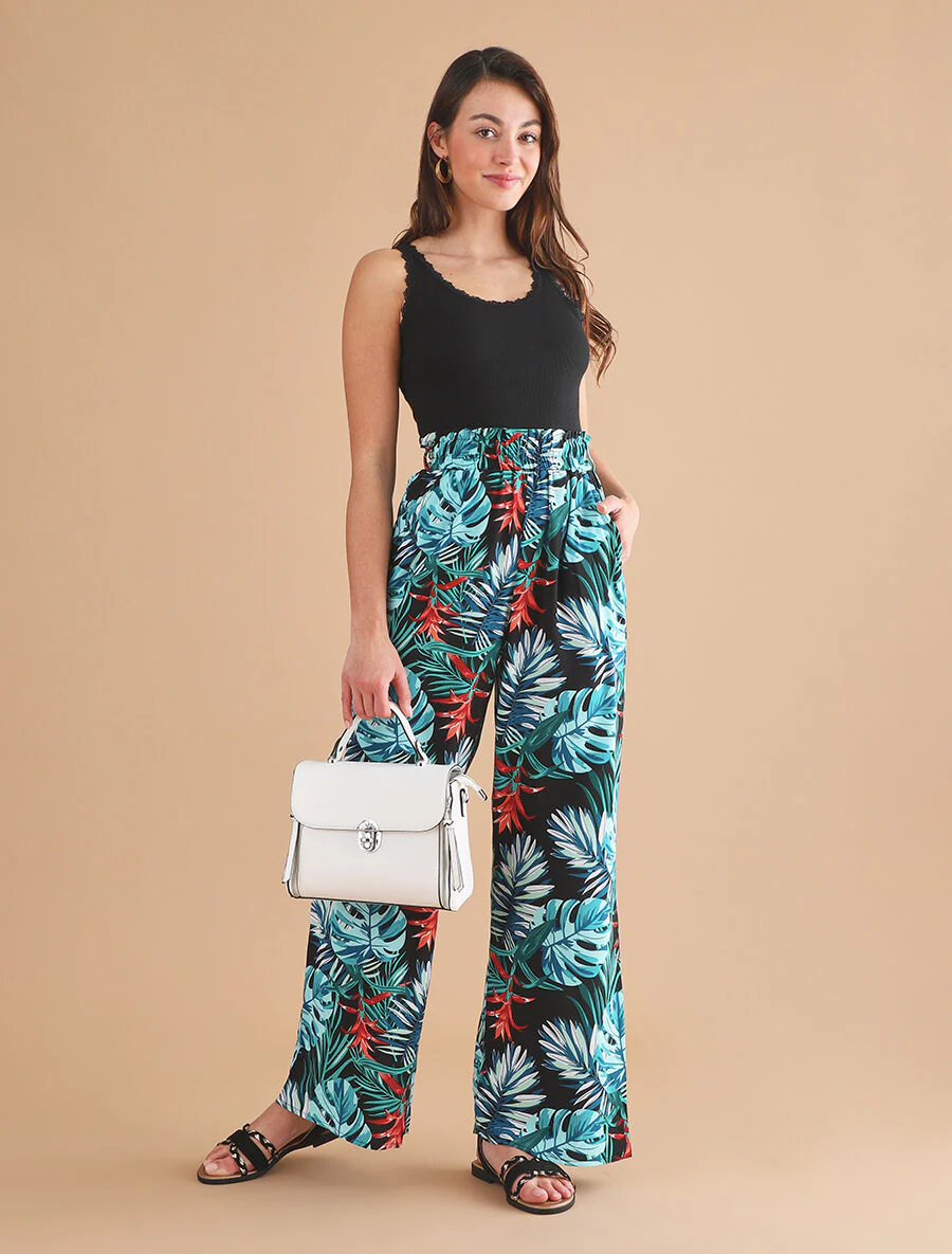 Wijde broek met bladerenprint - blauw - Image 4