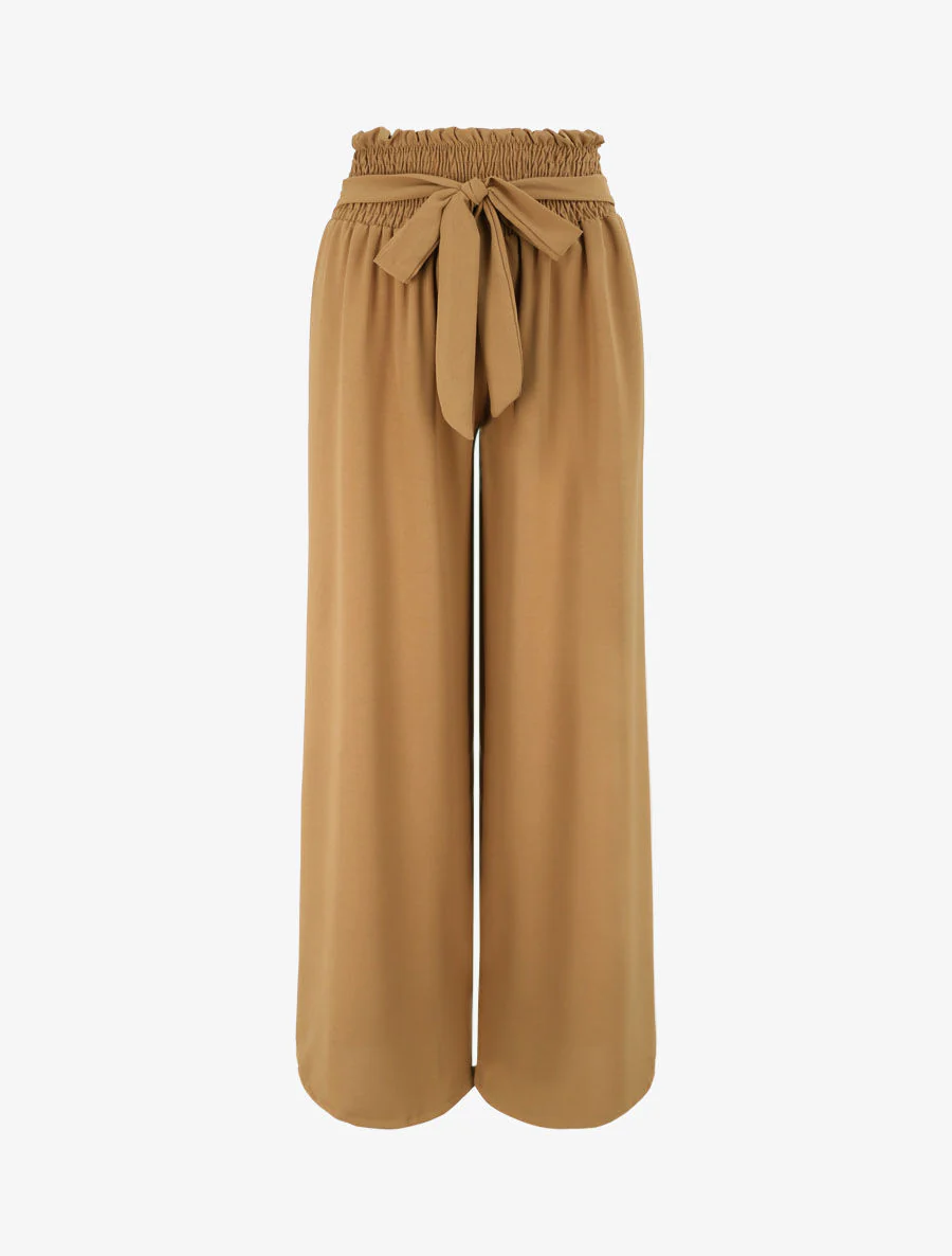 Wijde broek met elastische taille - Camel