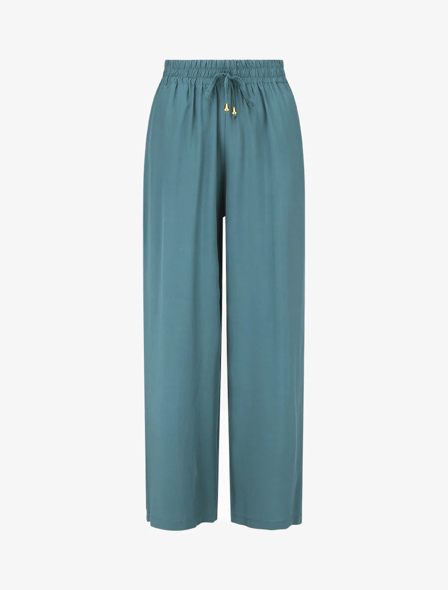 Wijde broek met elastische tailleband - Blauwgroen