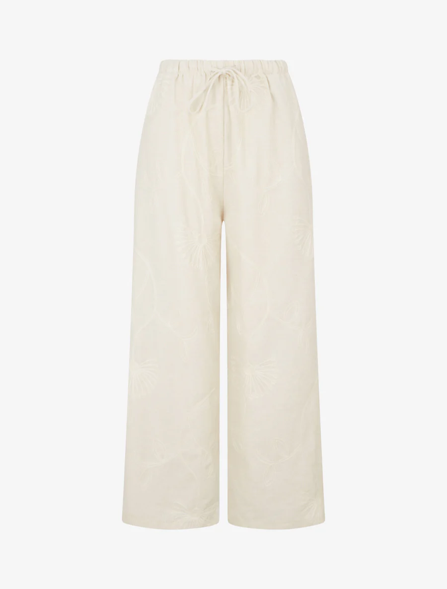 Wijde broek met geborduurde bloemen - Beige