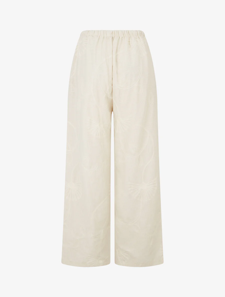 Wijde broek met geborduurde bloemen - Beige - Image 2