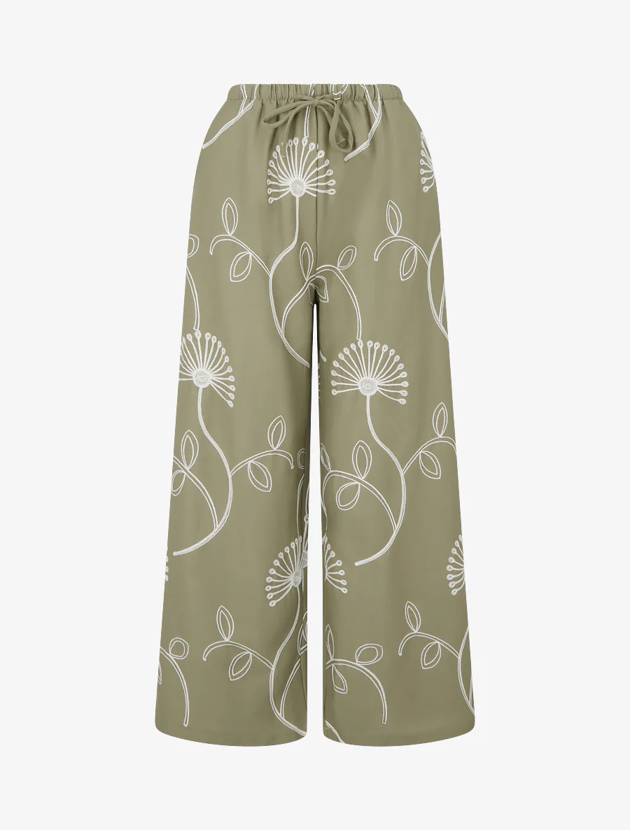 Wijde broek met geborduurde bloemen - Kaki