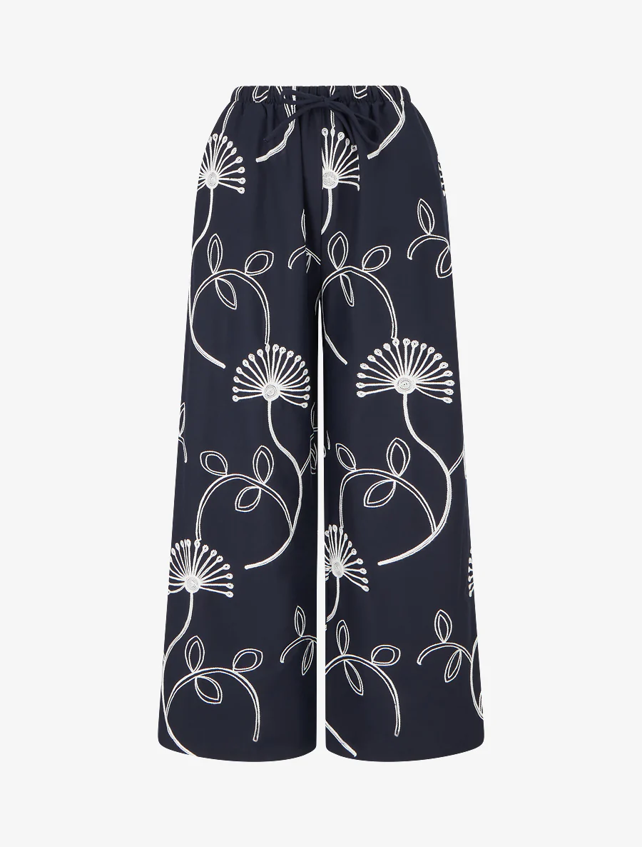 Wijde broek met geborduurde bloemen - Nachtblauw