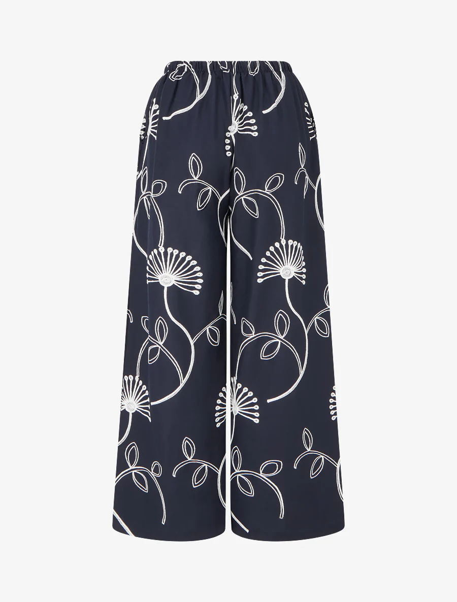 Wijde broek met geborduurde bloemen - Nachtblauw - Image 2