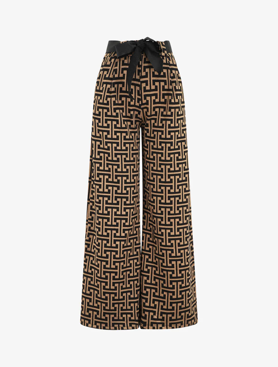 Wijde broek met grafische print - Camel