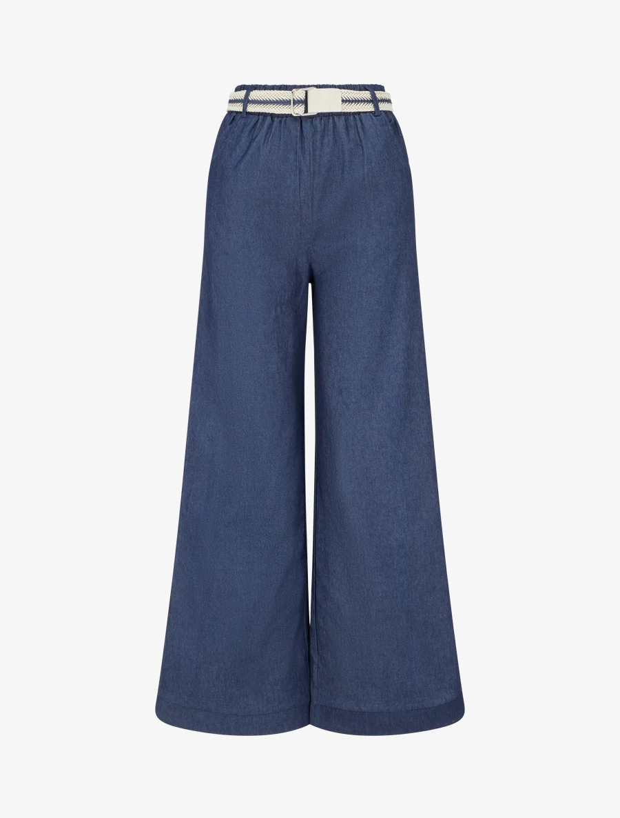 Wijde broek met hoge taille en ceintuur - Ongerept blauw