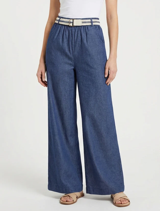 Wijde broek met hoge taille en ceintuur - Ongerept blauw - Image 4