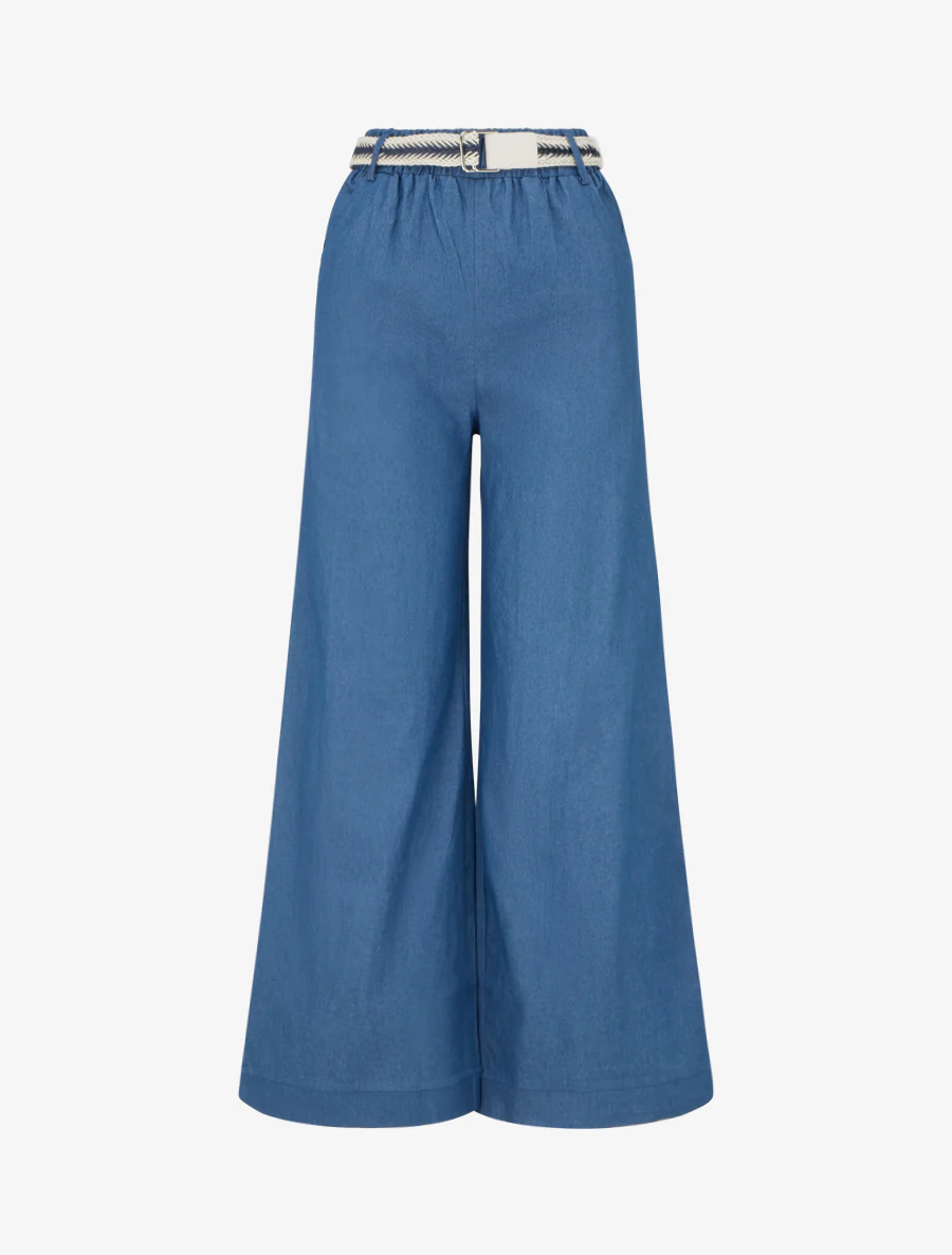 Wijde broek met hoge taille en ceintuur - Blauwe denim