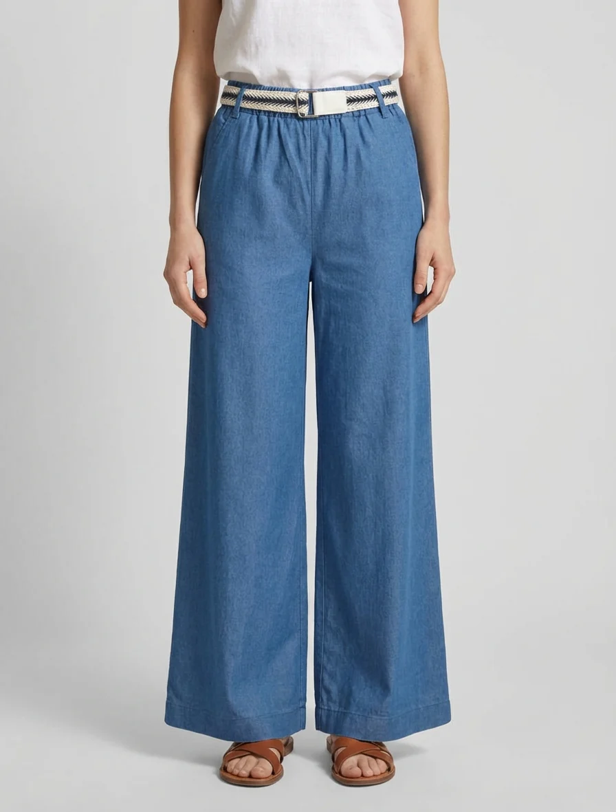 Wijde broek met hoge taille en ceintuur - Blauwe denim - Image 4