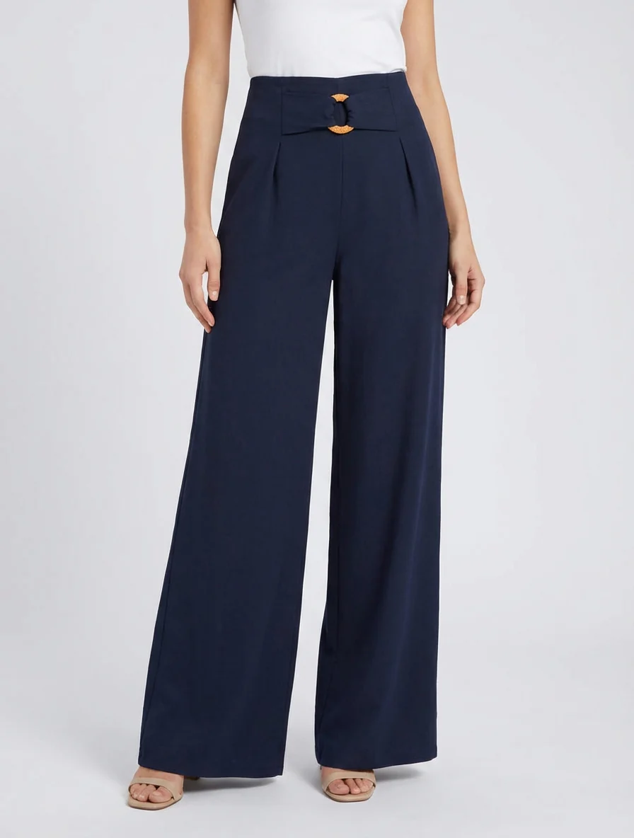 Wijde broek met hoge taille en fantasiegesp. - Marine - Image 4