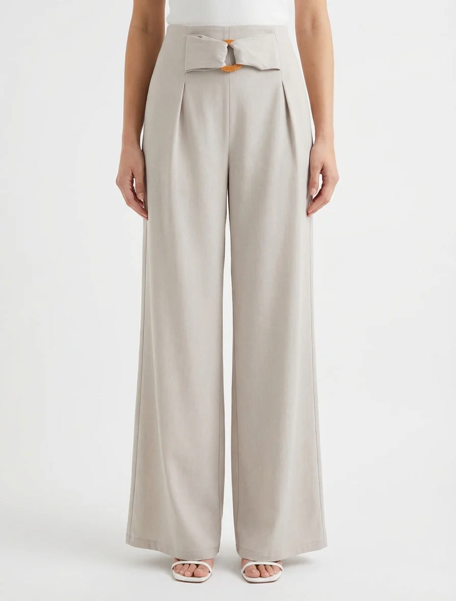 Wijde broek met hoge taille en fantasiegesp. - Beige - Image 4