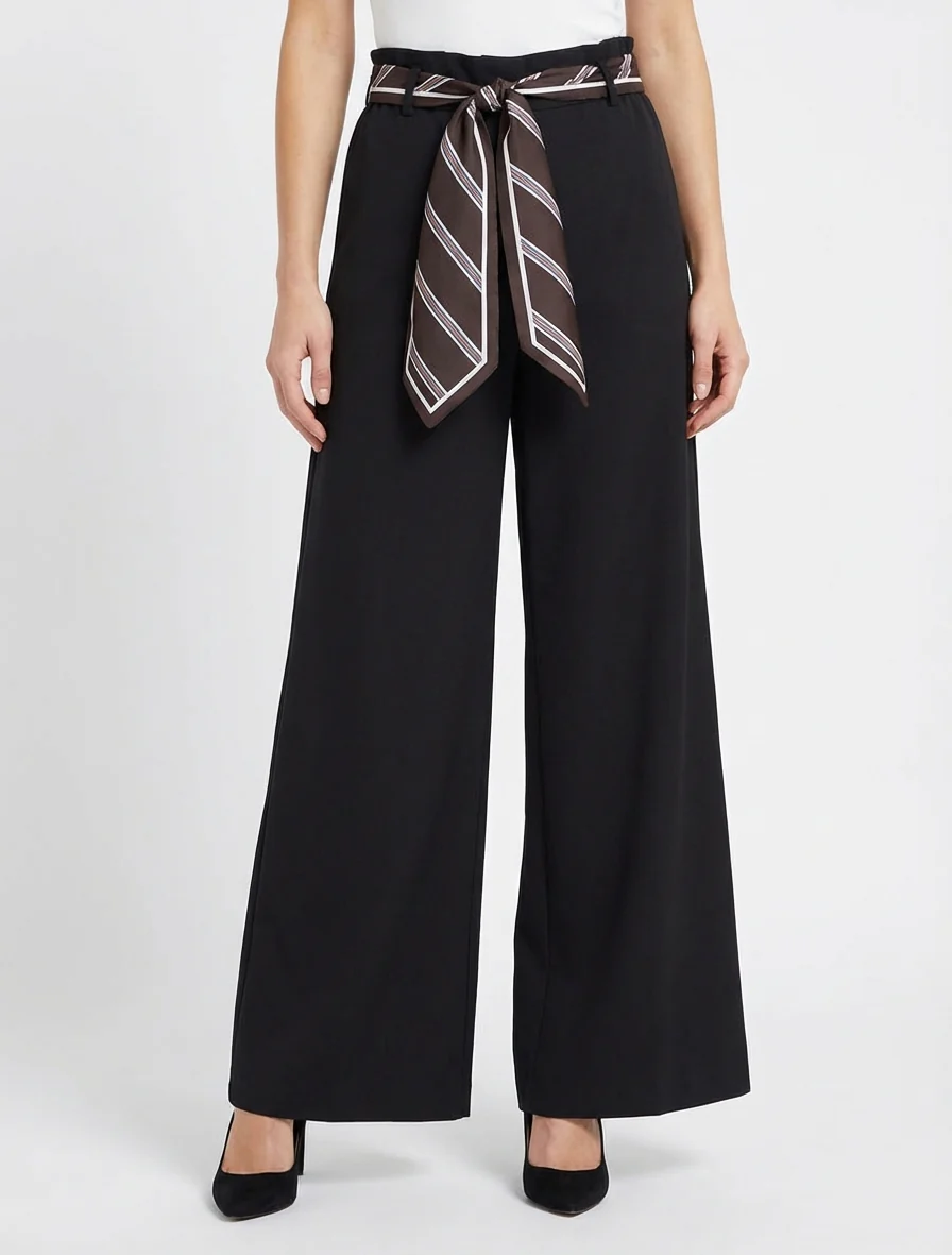 Wijde broek met sjaalstijl riem - Zwart - Image 4