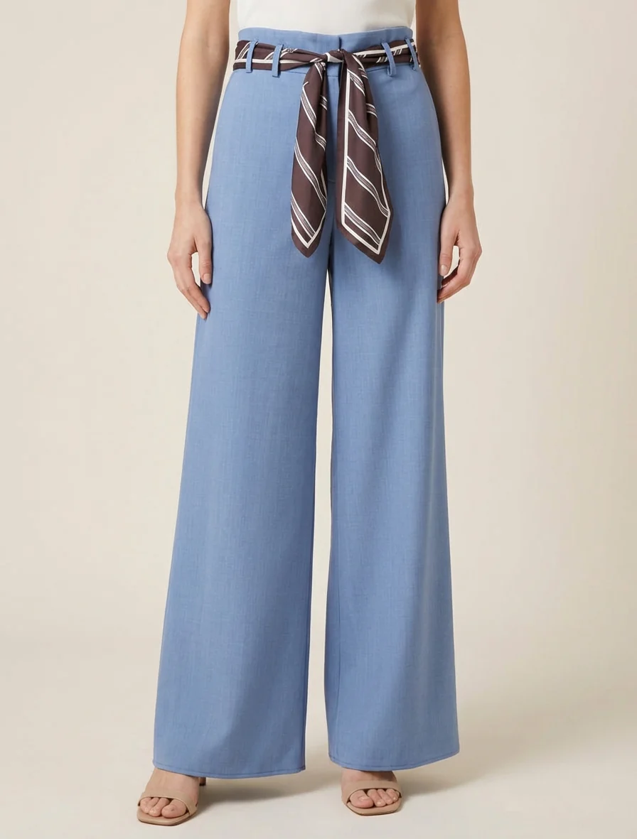 Wijde broek met sjaalstijl riem - Lichtblauw - Image 4
