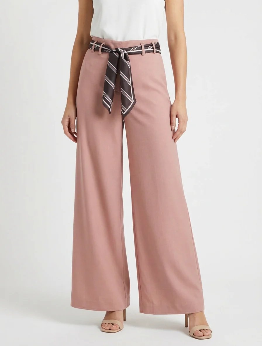 Wijde broek met sjaalstijl riem - Roos - Image 4