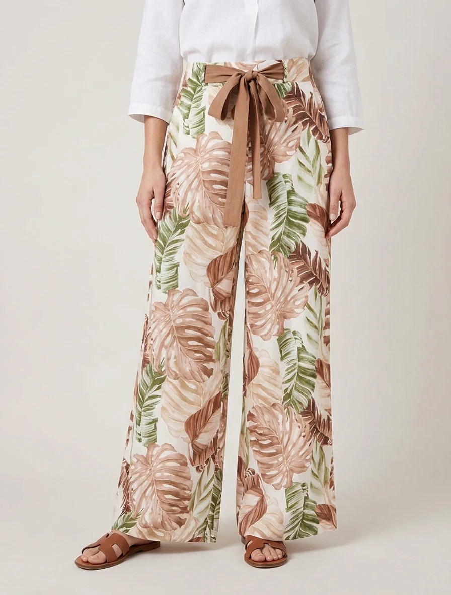 Wijde broek met tropische print - Bruin - Image 4