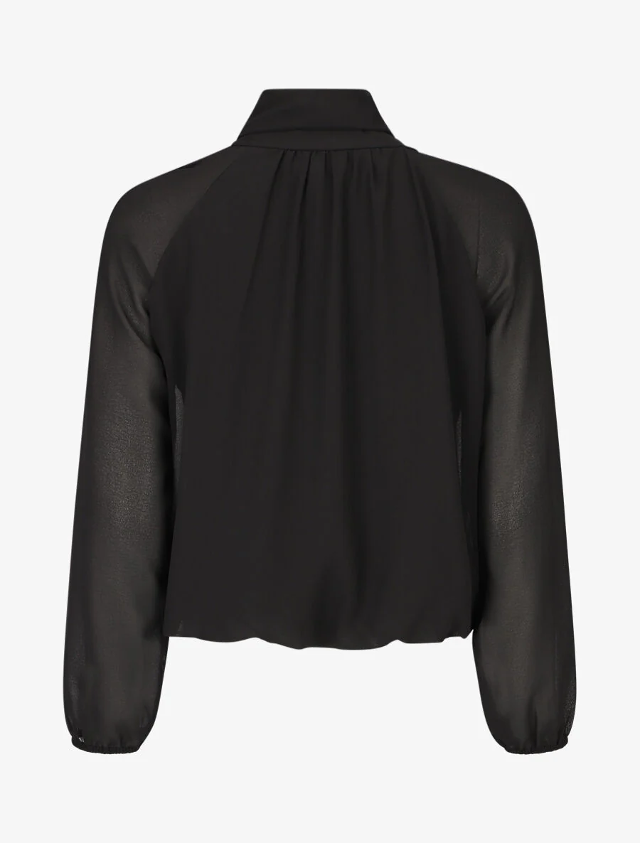 Wijde effen blouse met strikkraag - Zwart - Image 2