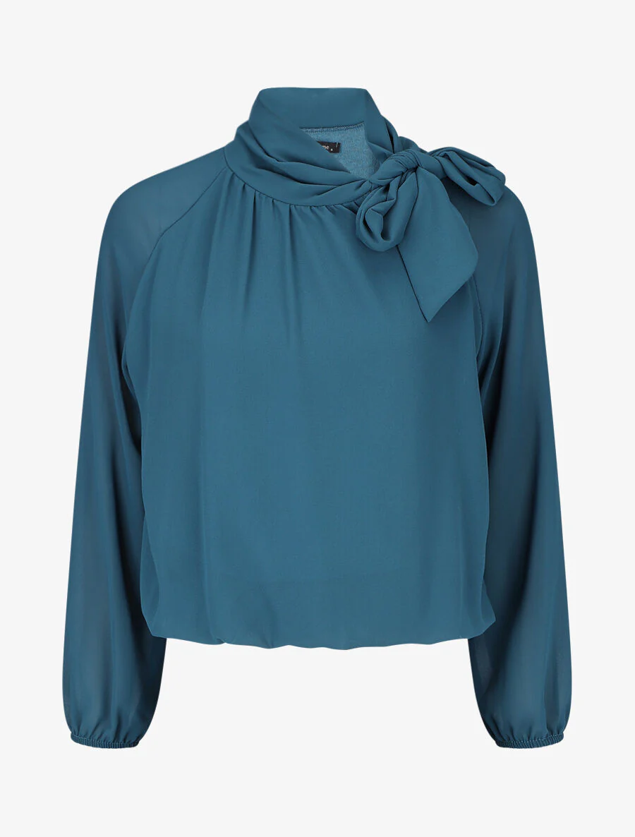 Wijde effen blouse met strikkraag - Blauwgroen