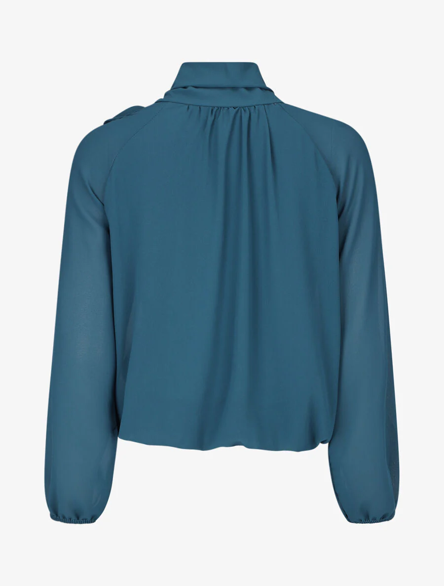 Wijde effen blouse met strikkraag - Blauwgroen - Image 2