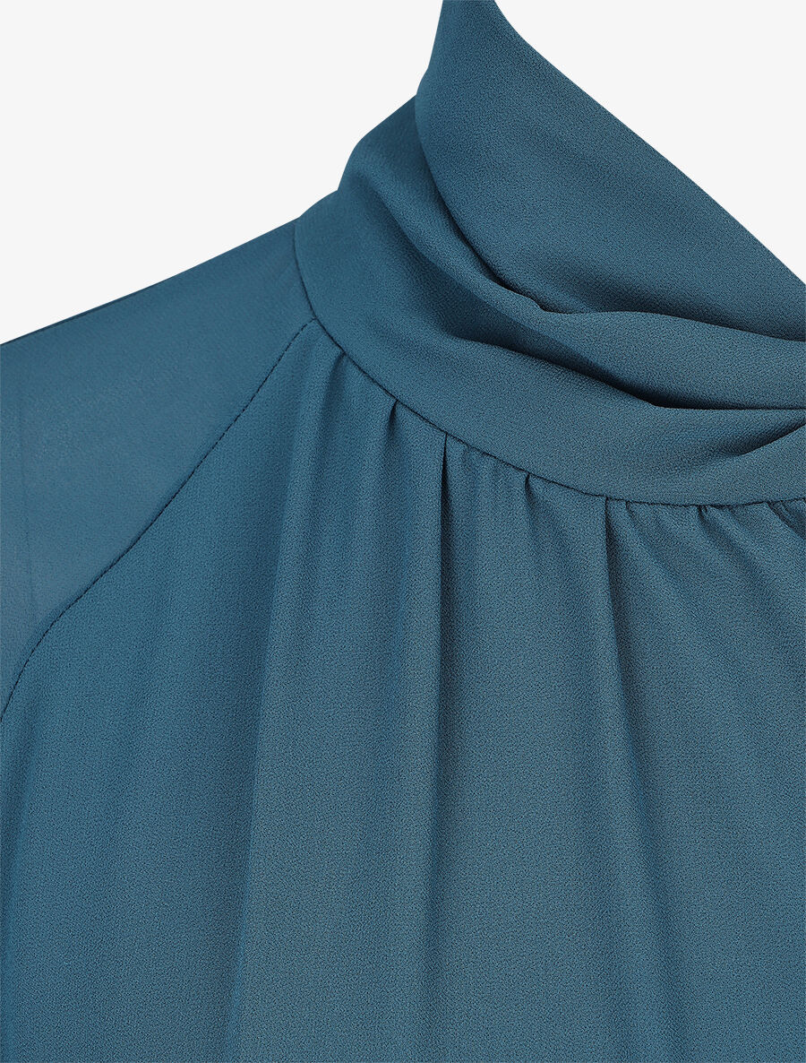 Wijde effen blouse met strikkraag - Blauwgroen - Image 3
