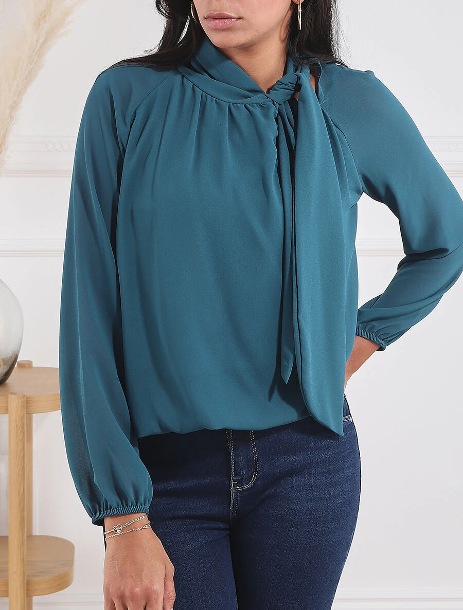 Wijde effen blouse met strikkraag - Blauwgroen - Image 4