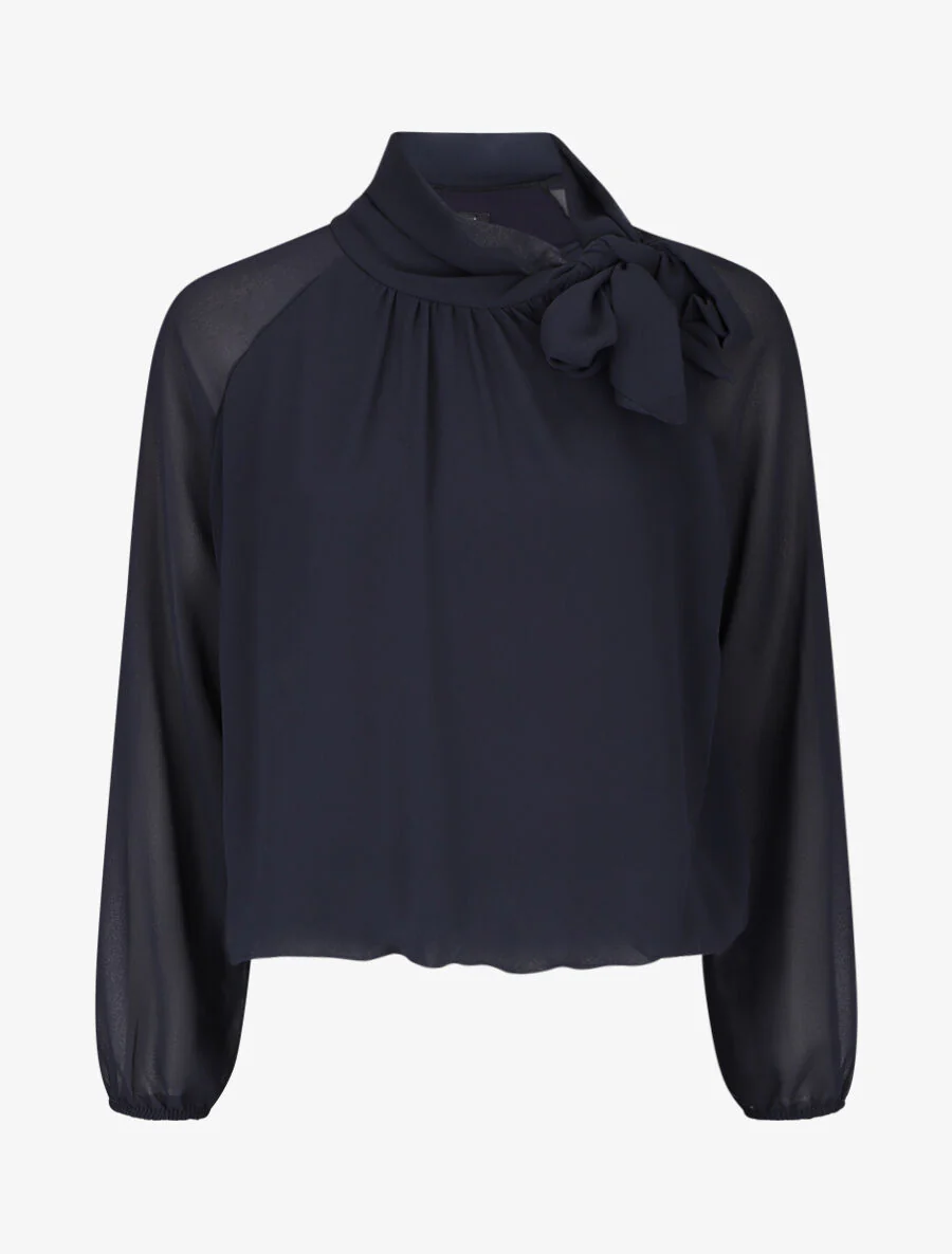 Wijde effen blouse met strikkraag - Donkerblauw