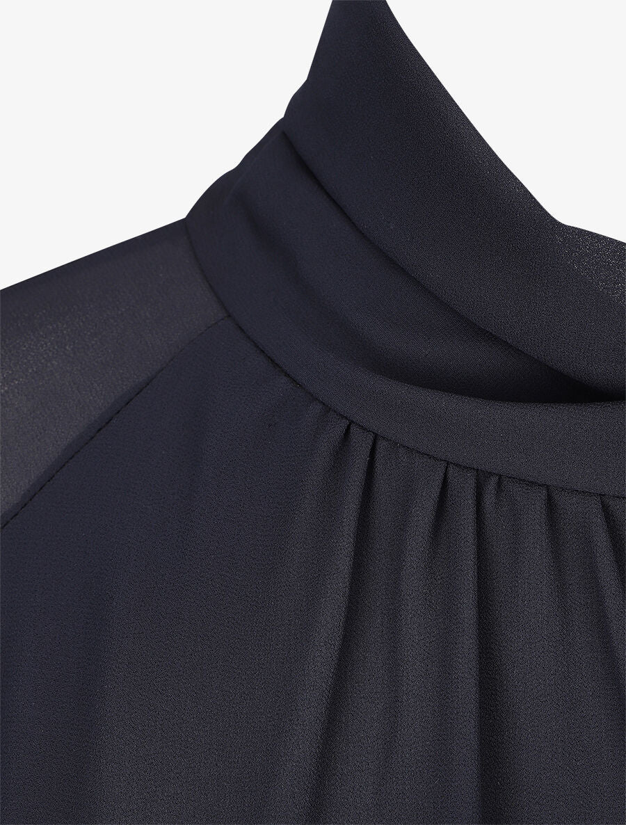 Wijde effen blouse met strikkraag - Donkerblauw - Image 3